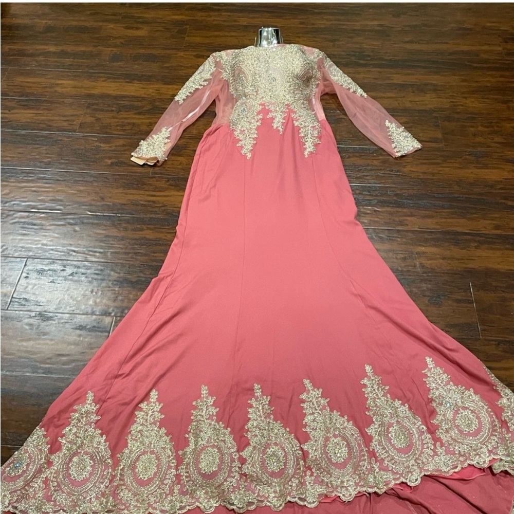 Elegant Peach and Gold Embroidered Dress